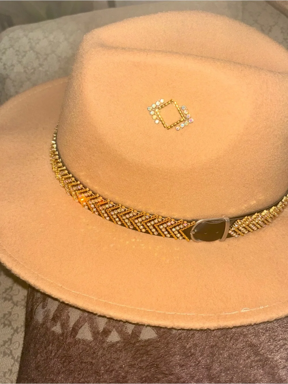 Beige Wide-Brim Fedora Hat with Gold Beaded Band